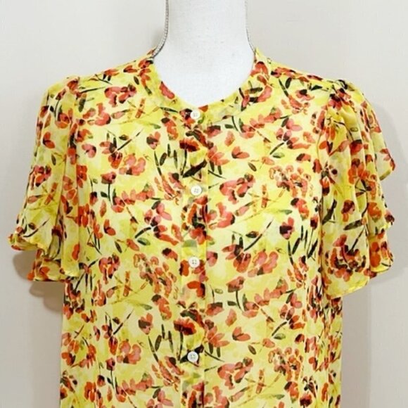 Vince Camuto Yellow Floral Sheer Midi Dress Button Front Side Slits - Picture 2 of 7